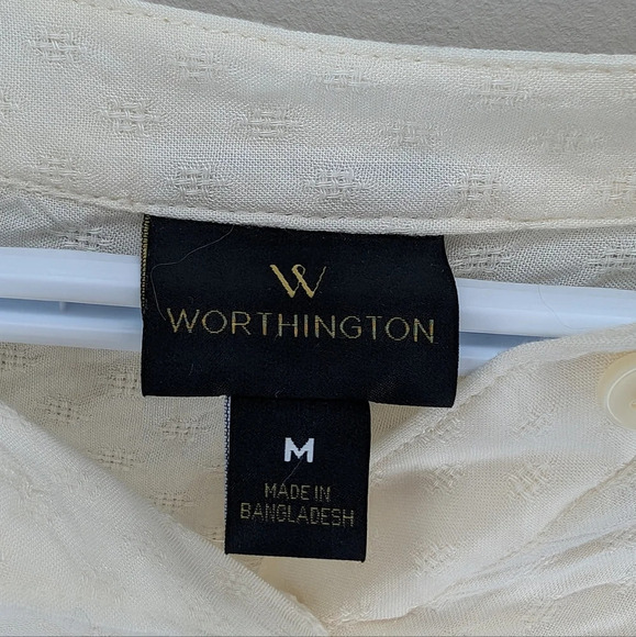 NWT Worthington Creamy White Button Neck  Long Sleeve Peasant Office Blouse M - Picture 5 of 9